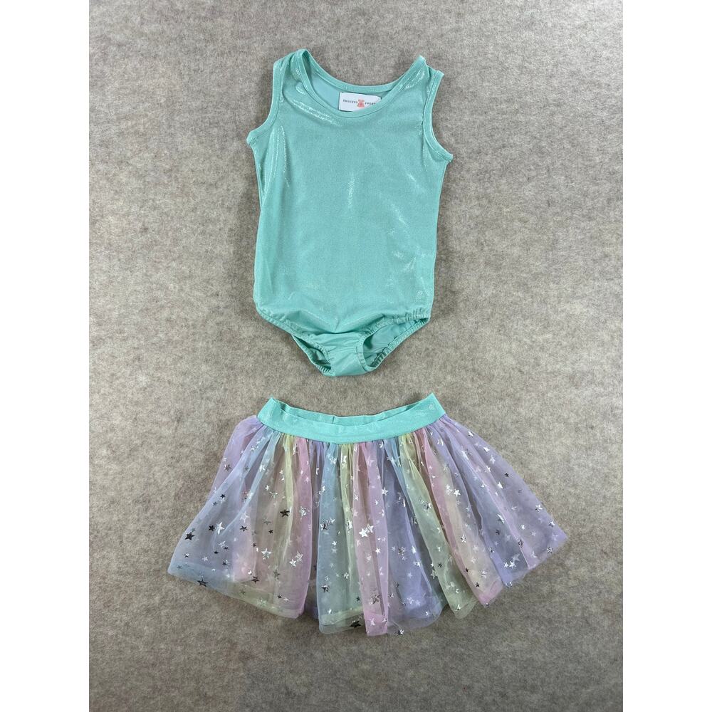 Smocked Sweets Celebration Leotard Aqua Blue Sparkle Rainbow Star Skirt Size 4/5